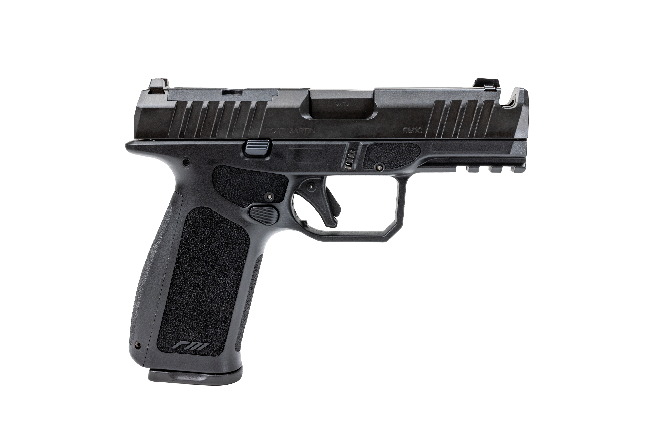 RM1X COMP, black striker-fired pistol with full-size frame and compact slide utilizing an integrated compensator.