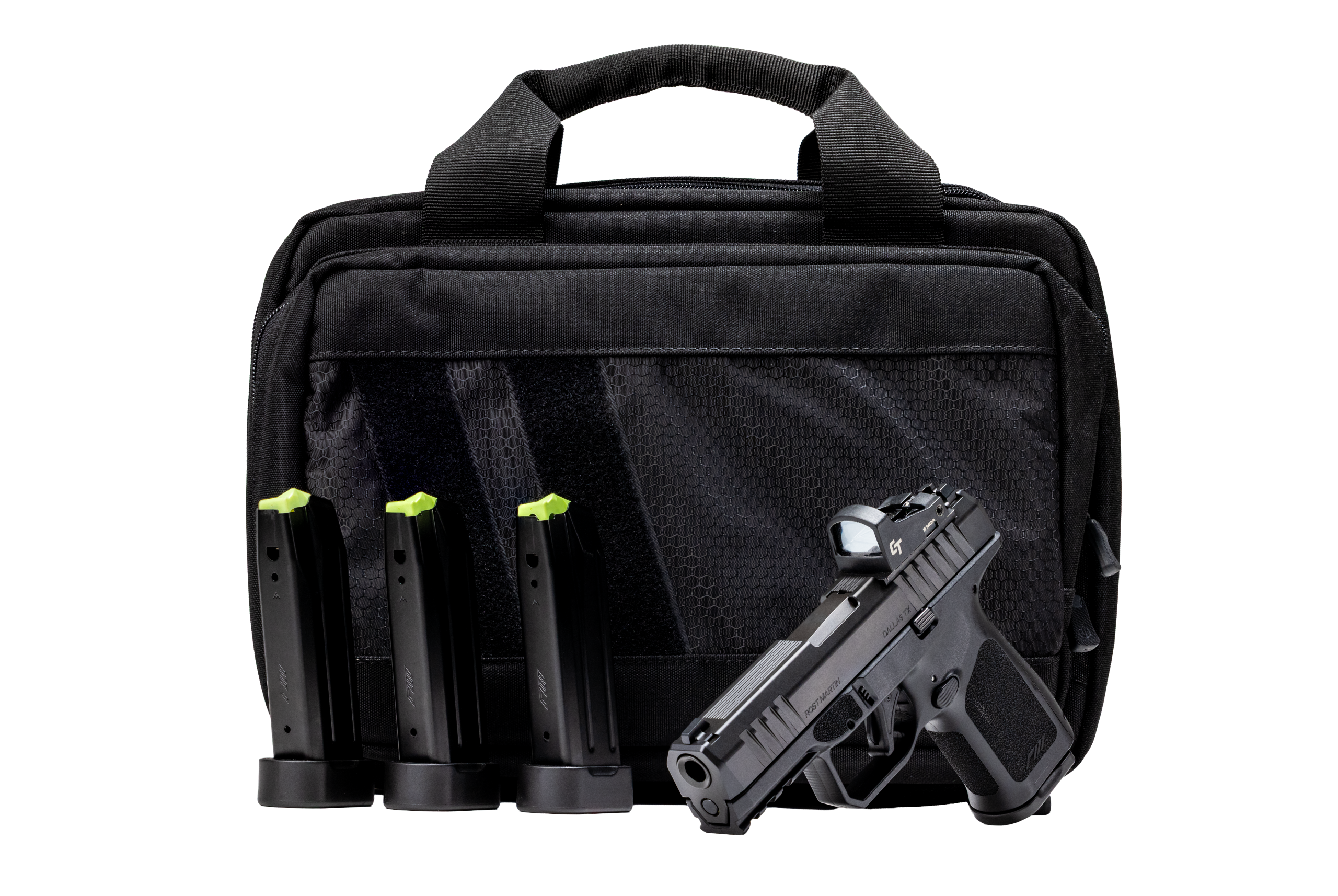 RM1C compact striker-fired pistol with additional mags, bag, and optic