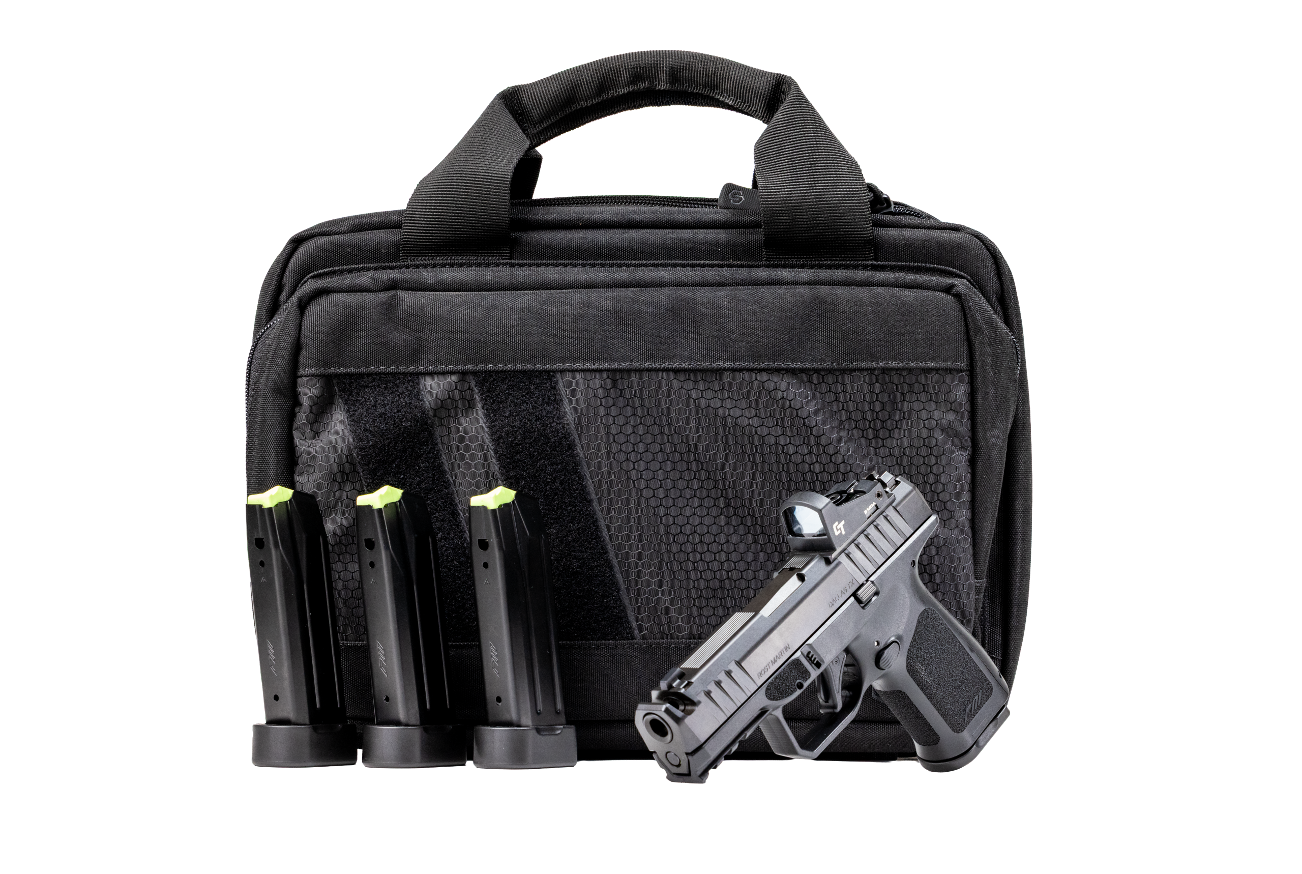 RM1C Comp compact compensated striker-fired pistol with additional mags, bag, and optic